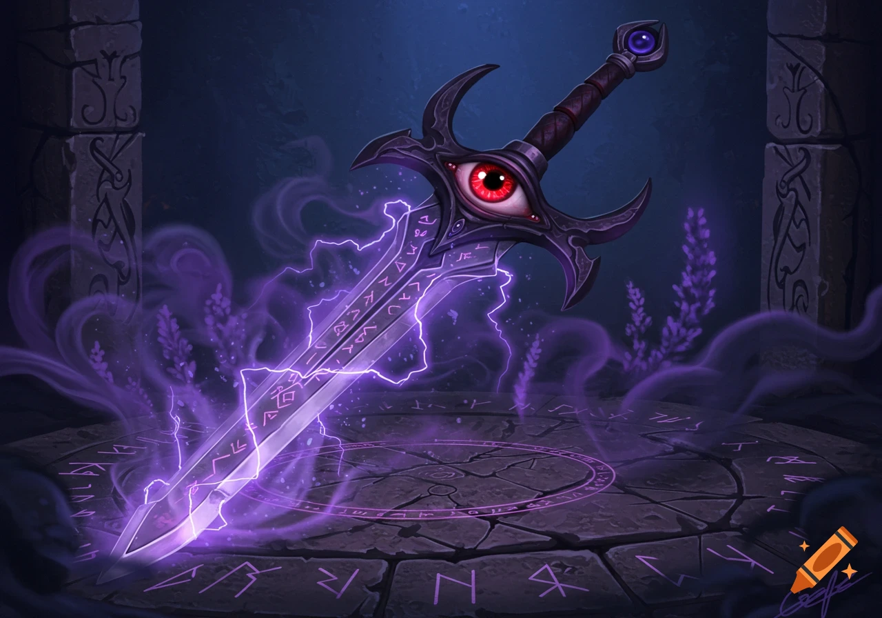 A stylized purple psychic fantasy sword with a red evil eye on the hilt, surrounded by purple smoke and lightning on a runic stone altar.