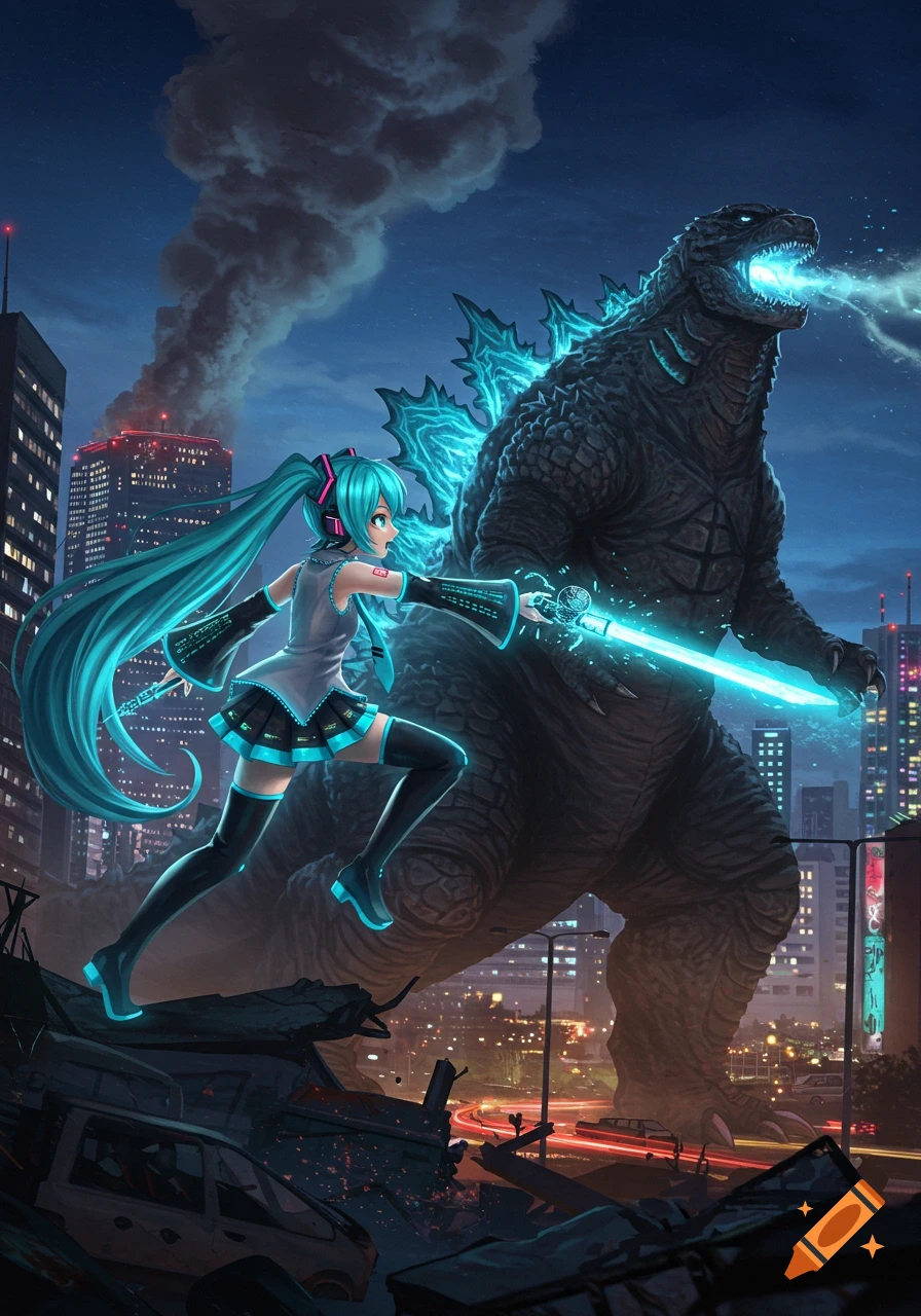 Hatsune Miku wielding a glowing sword while fighting Godzilla in a destroyed city at night, with buildings and smoke in the background.