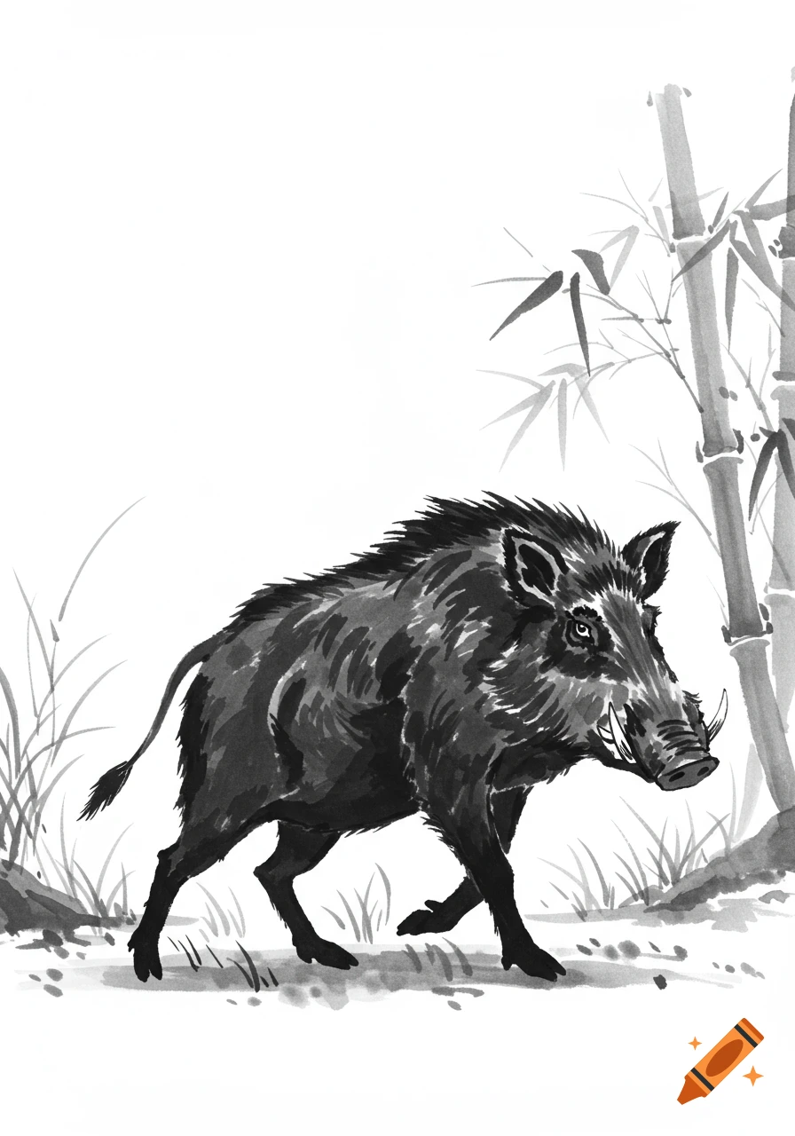 A black and white sumi-e ink painting of a wild boar standing near bamboo stalks and grass.