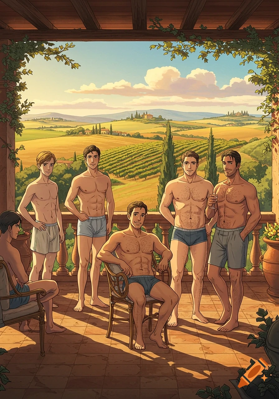 Six animated men in underwear on an Italian villa terrace overlooking a sunny Tuscan vineyard landscape.