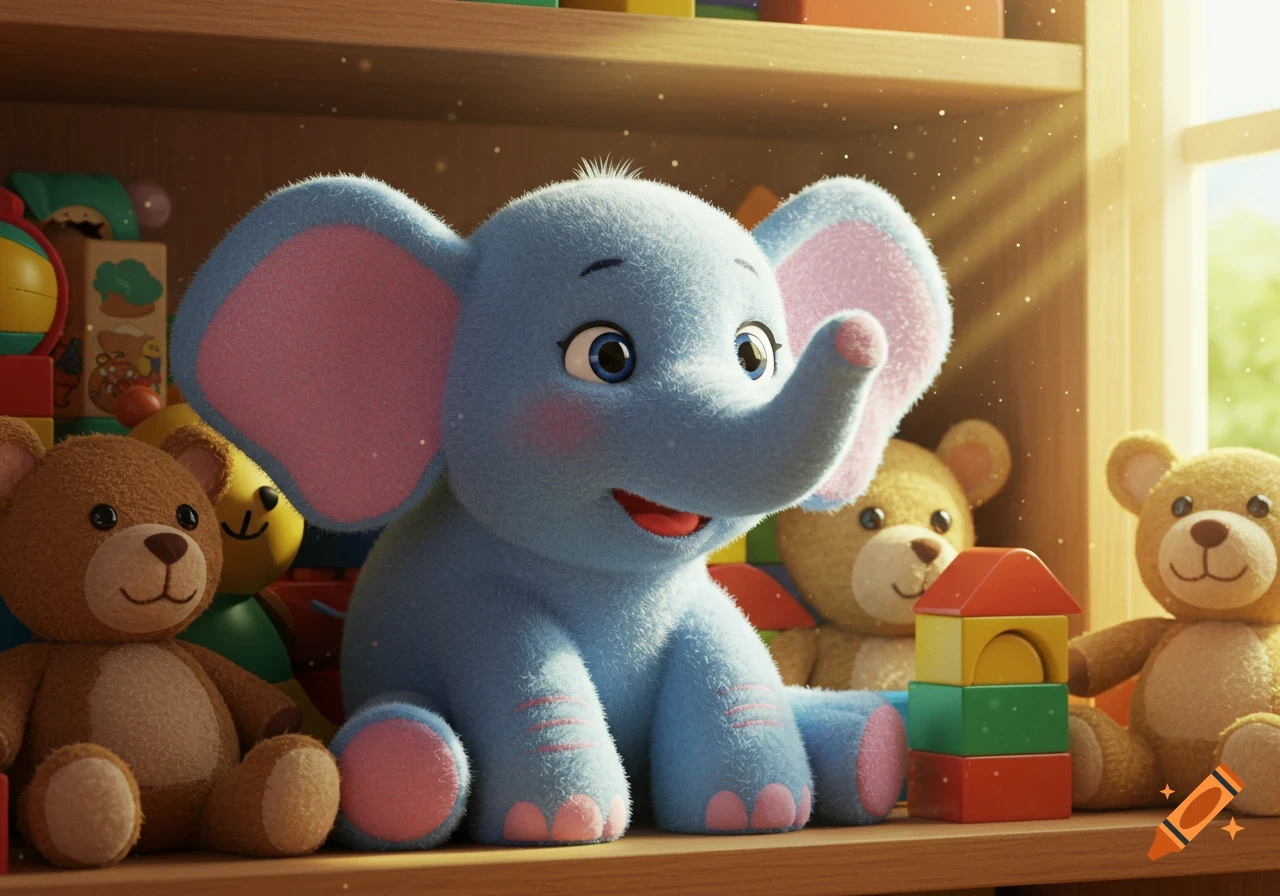 A fluffy blue toy elephant with pink ears smiles on a wooden shelf, surrounded by brown teddy bears and colorful blocks, bathed in soft light.