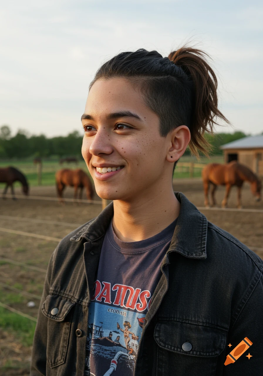 Portrait of a smiling young person with a ponytail and shaved sides, wearing a graphic t-shirt and jacket, on a horse farm at sunset.