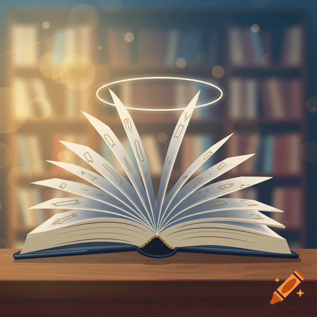 An open book with fanned, glowing pages on a wooden table, in front of a blurred bookshelf, in an illustrated style.