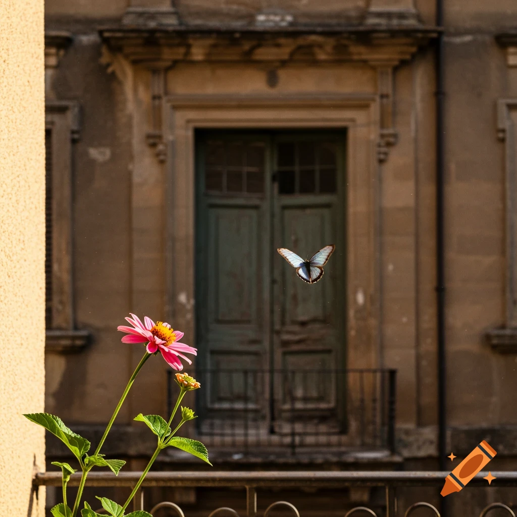 A small white and blue butterfly hovers over a pink flower on a balcony, with an old building and large wooden door in the background. Photorealistic.