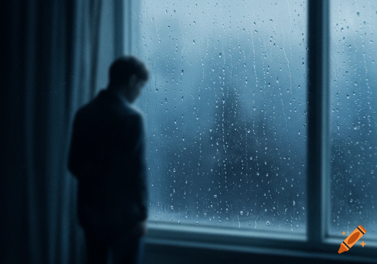 Blurred person stands by a rain-streaked window, looking out at a cold, gray day, conveying sadness.