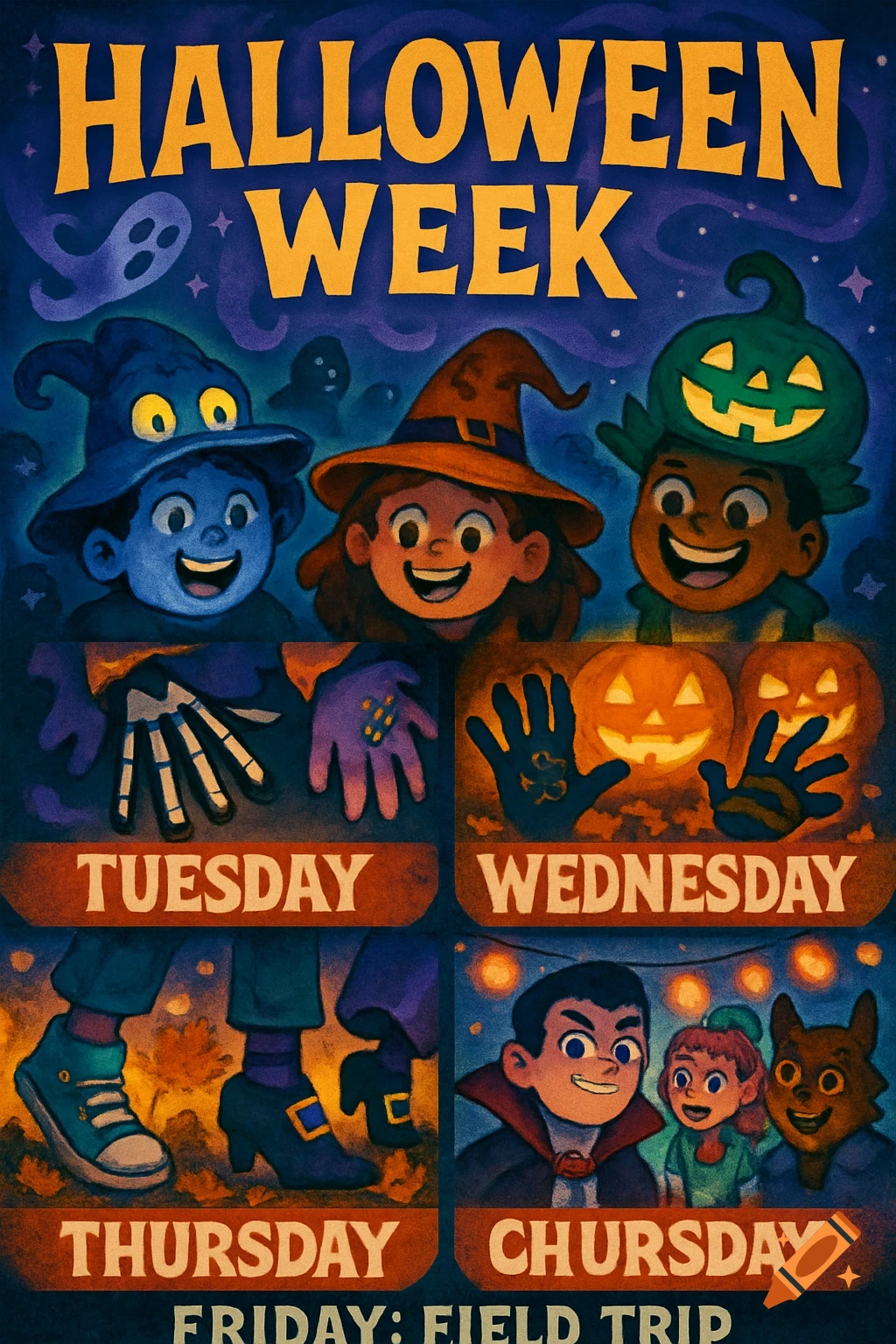 A colorful, textured Halloween week poster with cartoon children dressed in costumes for different days, featuring text like HALLOWEEN WEEK, Tuesday, Wednesday, Thursday, Chursday, and Friday: Field Trip.