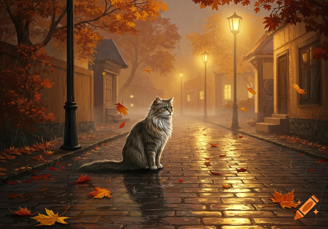 A fluffy grey cat with green eyes sits on a wet cobblestone street under falling autumn leaves, illuminated by streetlights in the rain.