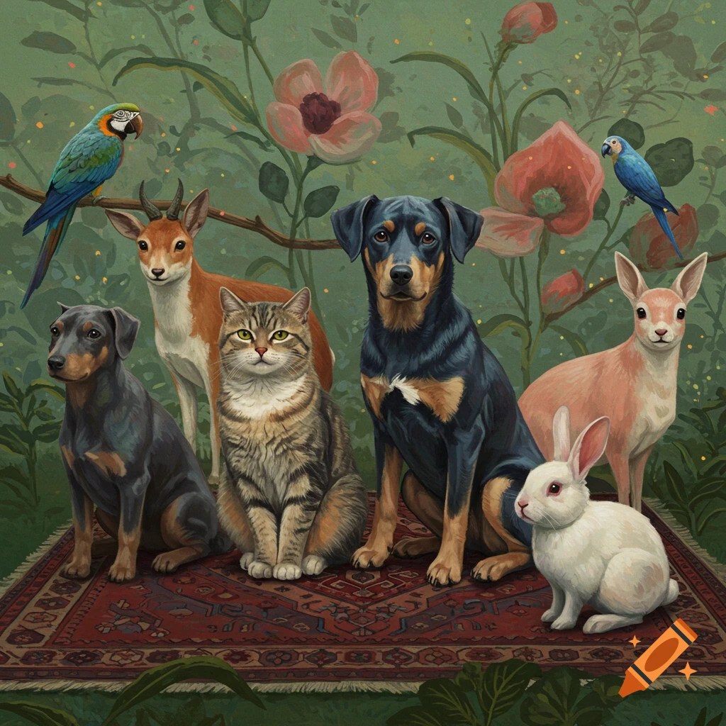 Illustrated painting of various animals including dogs, a cat, deer, a rabbit, and parrots on a rug amidst lush foliage and flowers.