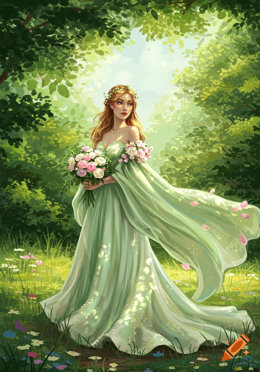 A woman in a flowing light green dress with floral sleeves and a flower crown holds a bouquet of pink roses in a sun-dappled forest.