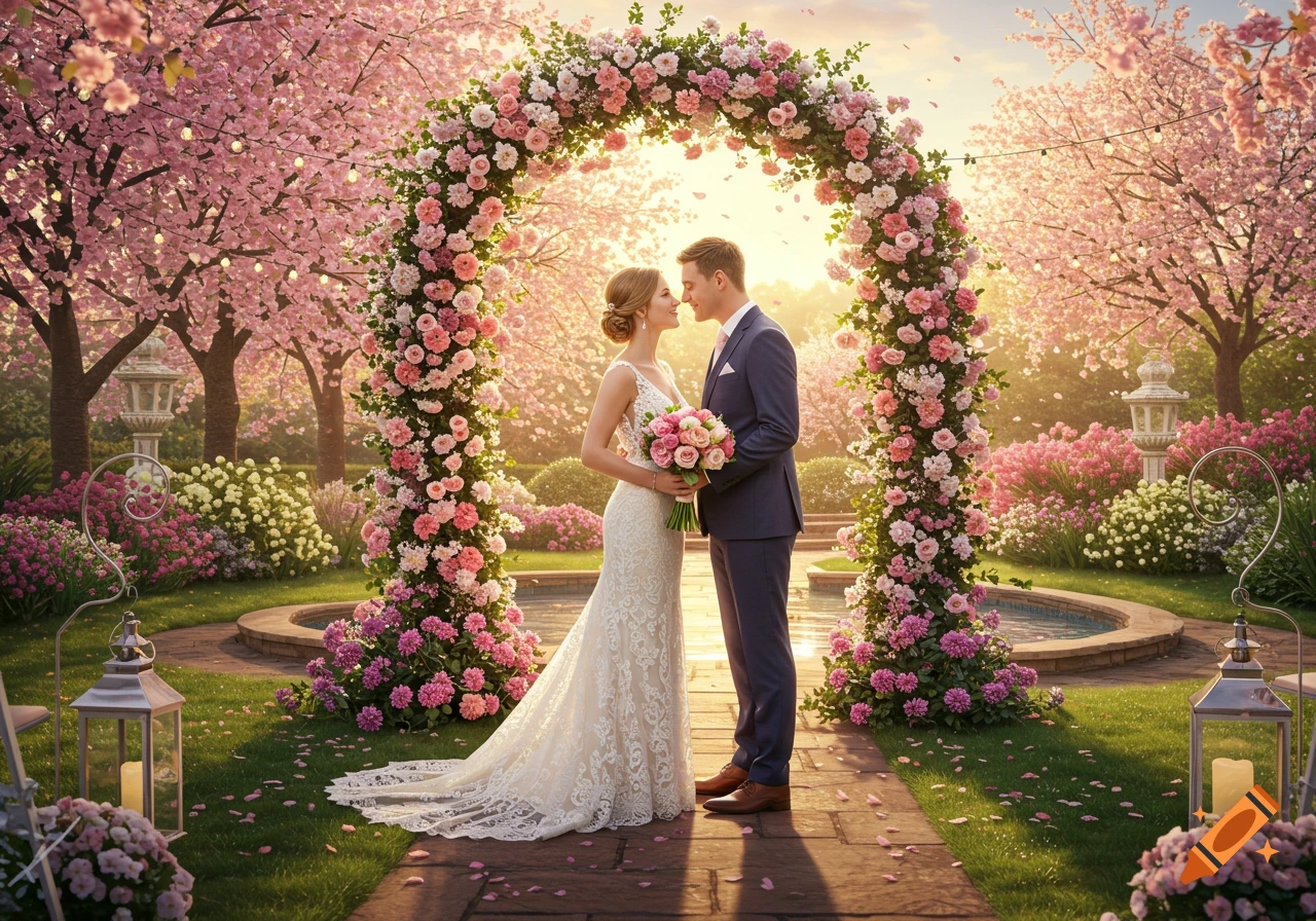 A photorealistic image of a bride and groom standing under a pink floral arch in a beautiful cherry blossom garden.