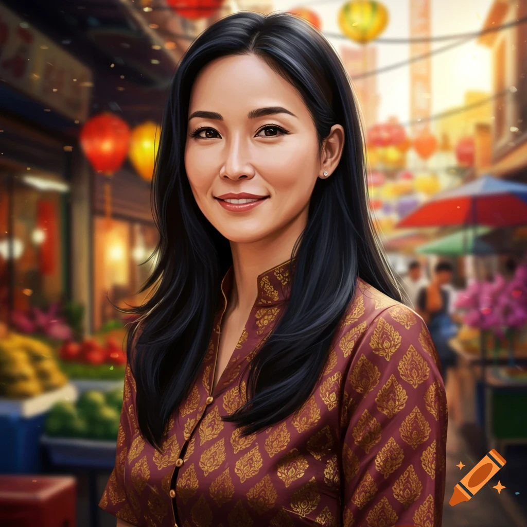 A smiling Thai woman with long dark hair, wearing a patterned traditional blouse, stands in a bustling market with colorful lanterns.