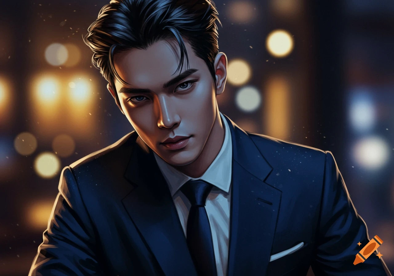 An animated portrait of a handsome man in a dark suit and tie, looking intently at the viewer, with a bokeh background.