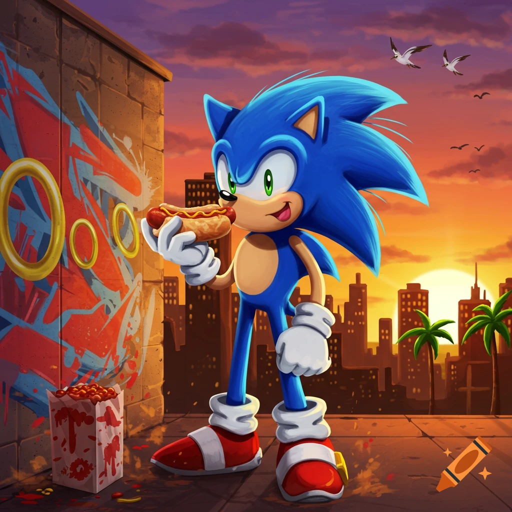 Sonic the Hedgehog smiles while holding a chili dog on a graffiti-covered rooftop with a city sunset in the background.