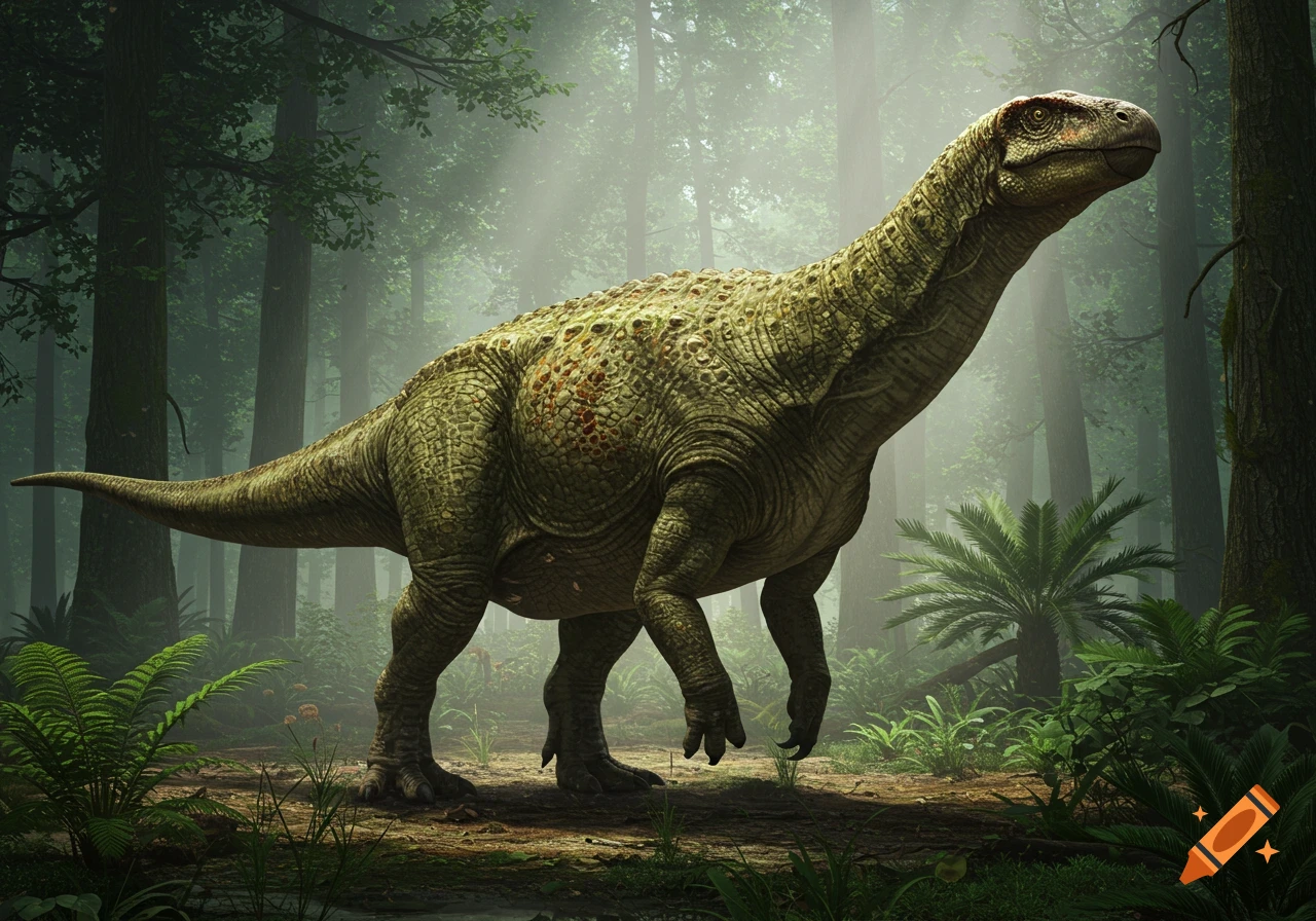A detailed, large-bodied dinosaur with bumpy green skin stands in a misty, lush green forest with tall trees and ferns.