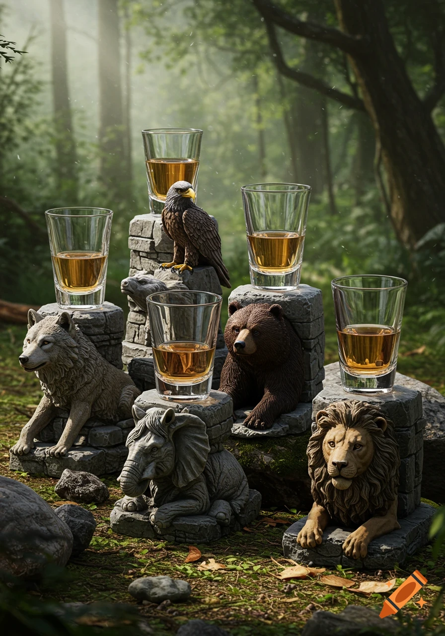 Six shot glasses with amber liquid resting on stone animal statues including a wolf, eagle, bear, elephant, and lion, set in a mossy forest.
