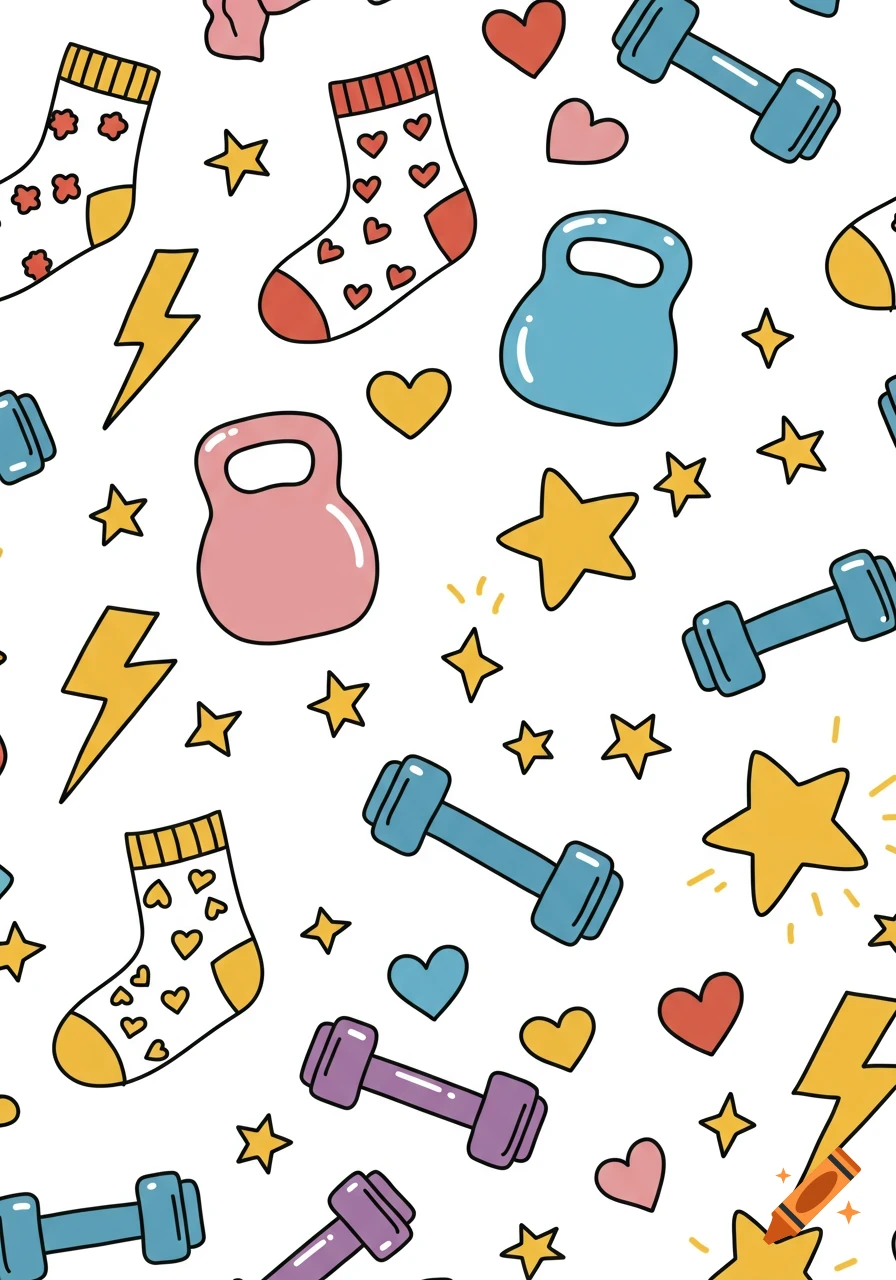 A seamless pattern of colorful cartoon socks, kettlebells, dumbbells, lightning bolts, stars, and hearts on white.