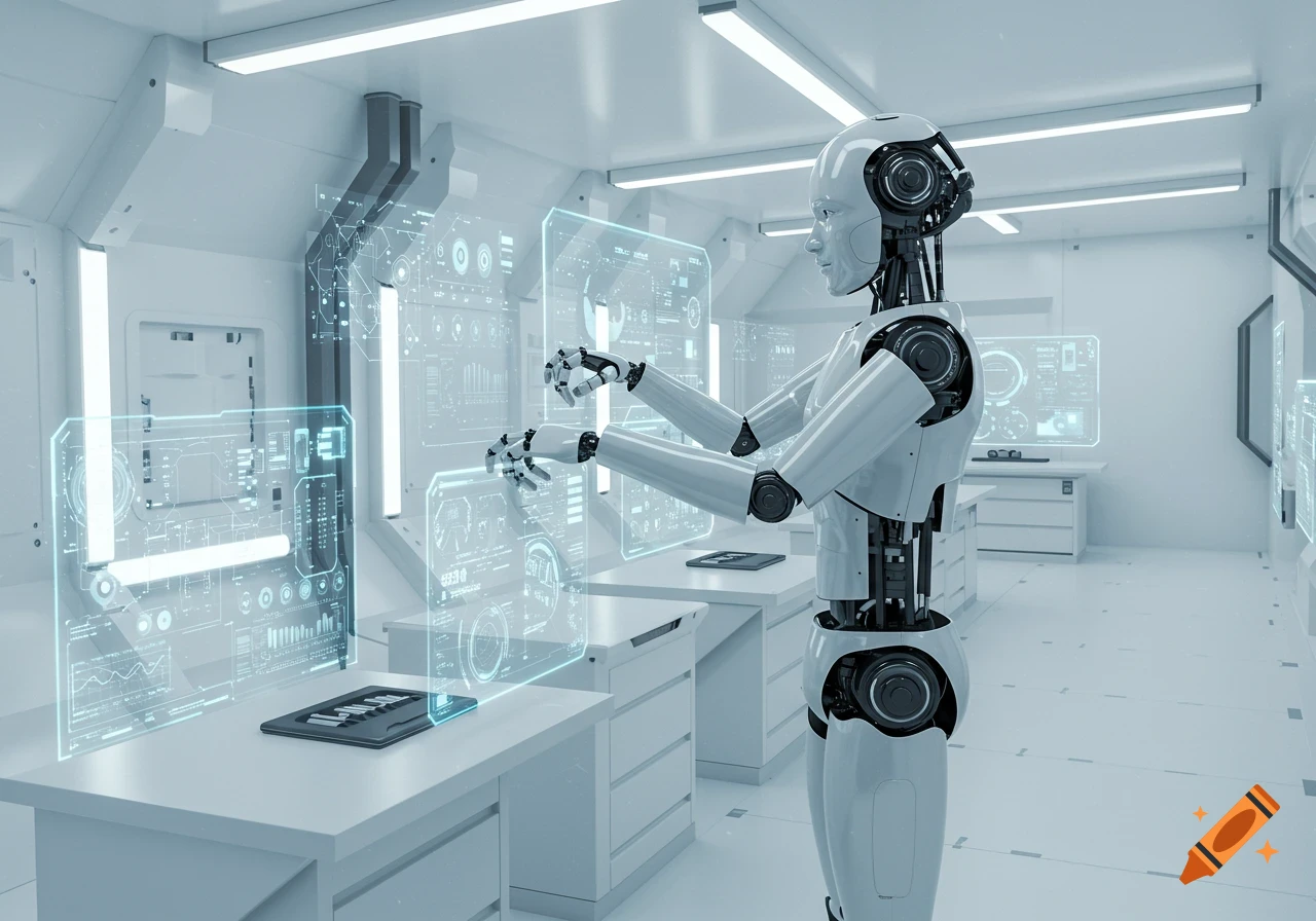 A white humanoid robot stands in a futuristic, sterile lab, interacting with multiple glowing blue holographic data screens.