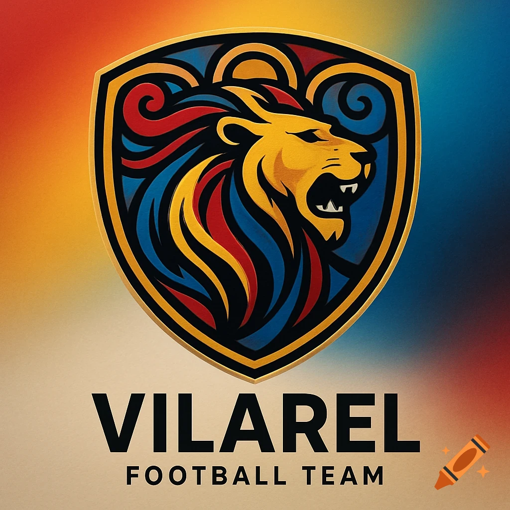 A vibrant shield-shaped logo featuring a roaring lion's head with a colorful mane in red, yellow, and blue. Below the logo, the text 'VILAREL FOOTBALL TEAM' is displayed.