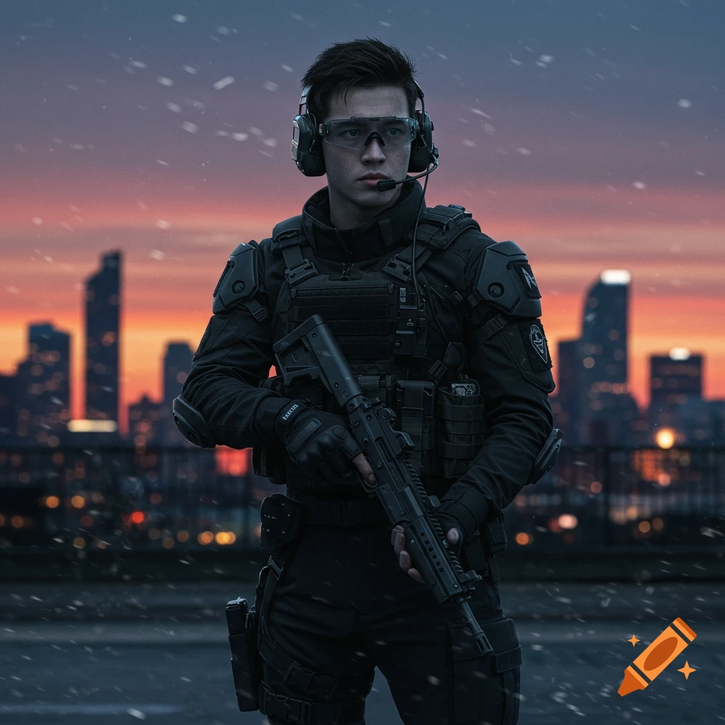 A person in futuristic tactical gear and headphones holds a rifle, standing on a rooftop with a city skyline at sunset.