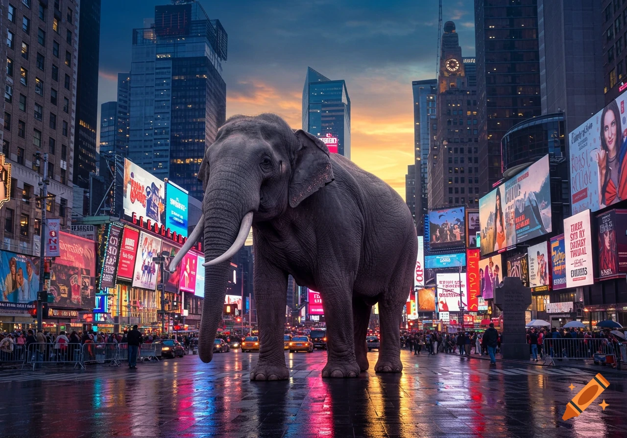 A giant elephant stands on a wet street in a neon-lit Times Square at dusk, surrounded by skyscrapers and bright billboards.