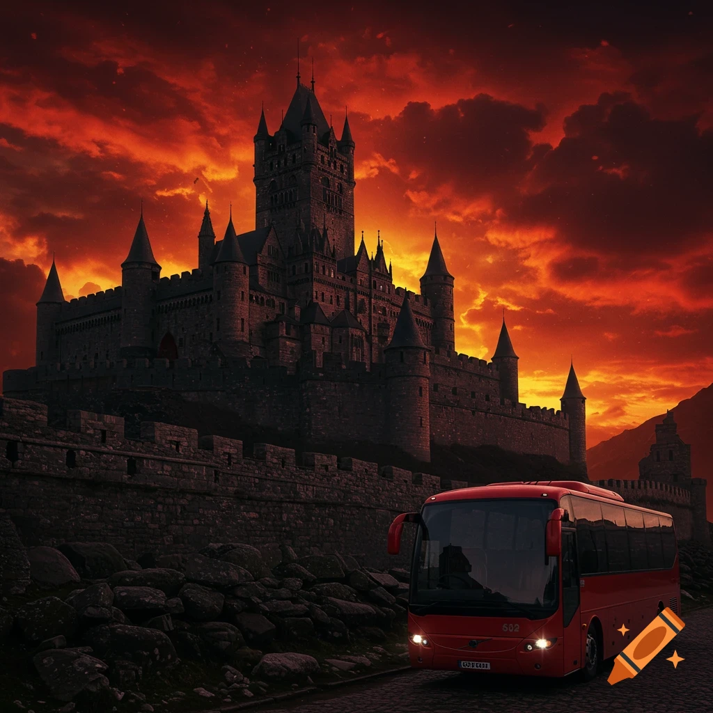 A red bus drives on a cobblestone road in front of a large, dark castle under a dramatic, fiery red and black sky.