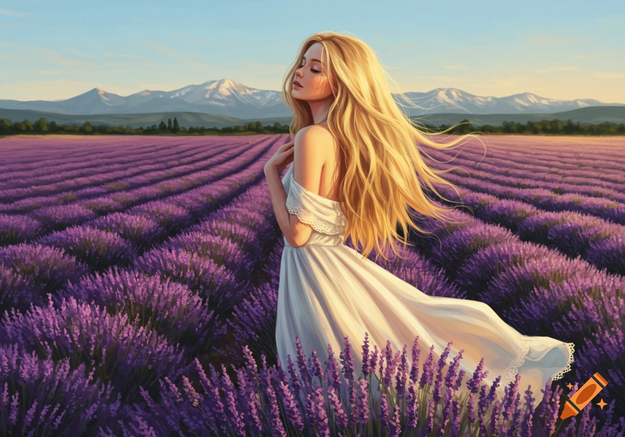 A woman with long blonde hair and a white dress stands in a vast purple lavender field, with mountains in the distance, in an illustrative style.