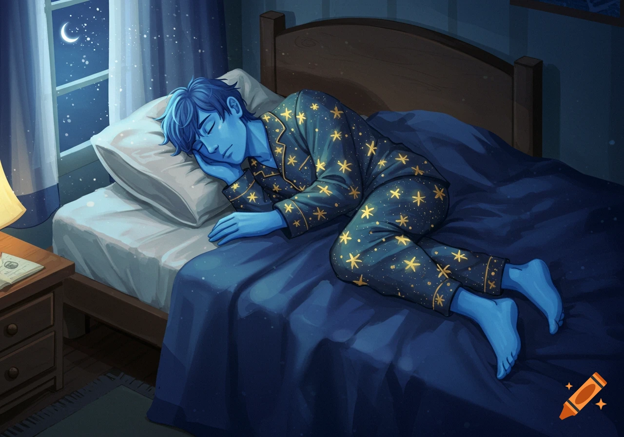 A blue-skinned man in star-patterned pajamas sleeps soundly on a bed in a cozy bedroom, with a crescent moon and stars visible outside the window at night. Digital art.