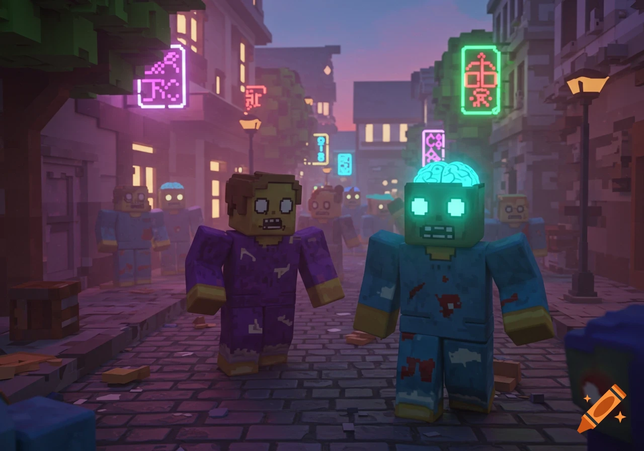 Two blocky zombies with glowing eyes, one with an exposed brain, walk on a cobblestone street at dusk with neon signs.