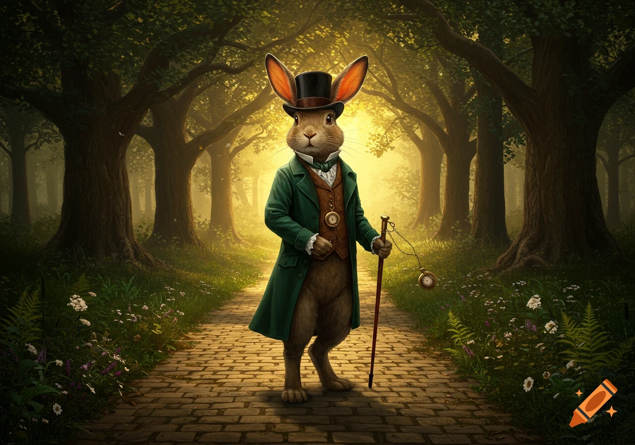 A dapper anthropomorphic rabbit in a green coat, vest, and top hat, holding a cane and pocket watch, stands on a brick path in a sunlit forest.