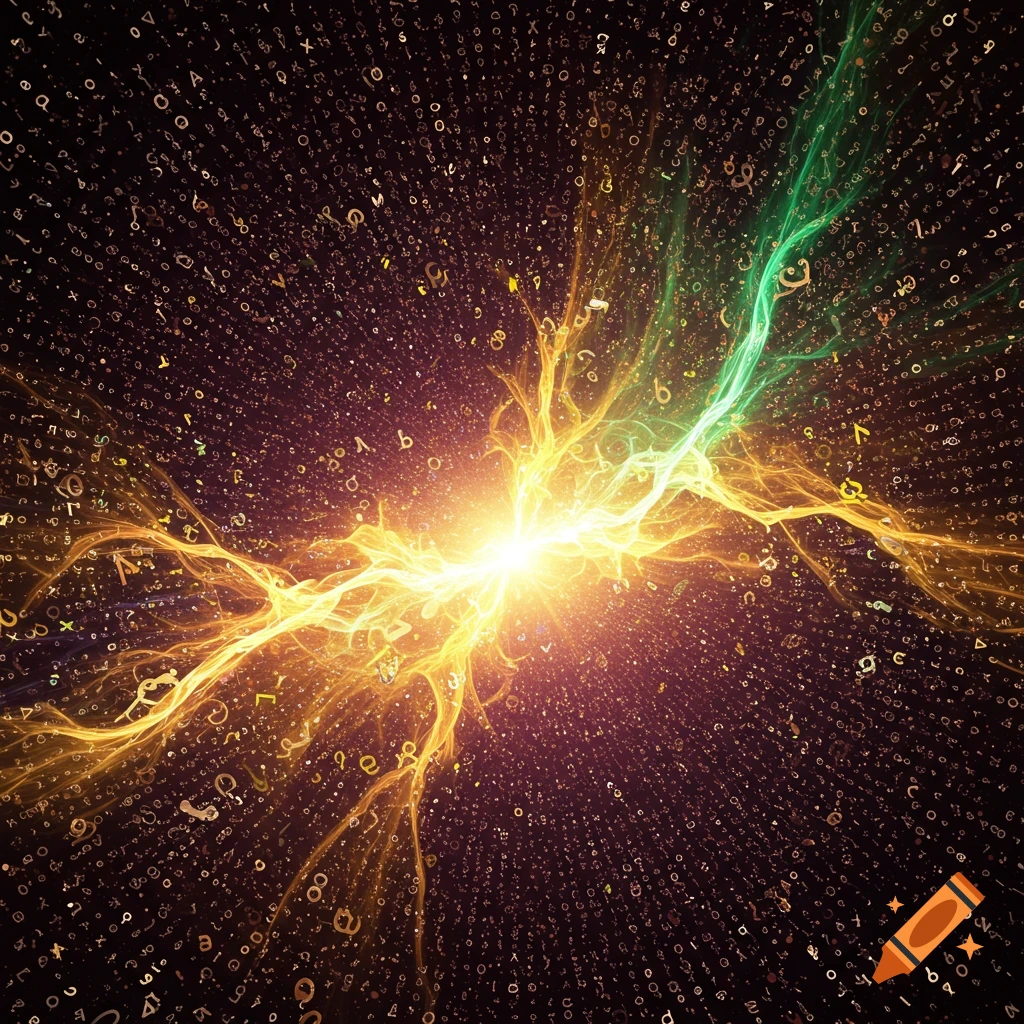 An abstract burst of bright golden and green light energy emanating from the center, surrounded by numerous small, scattered alphanumeric characters on a dark background.