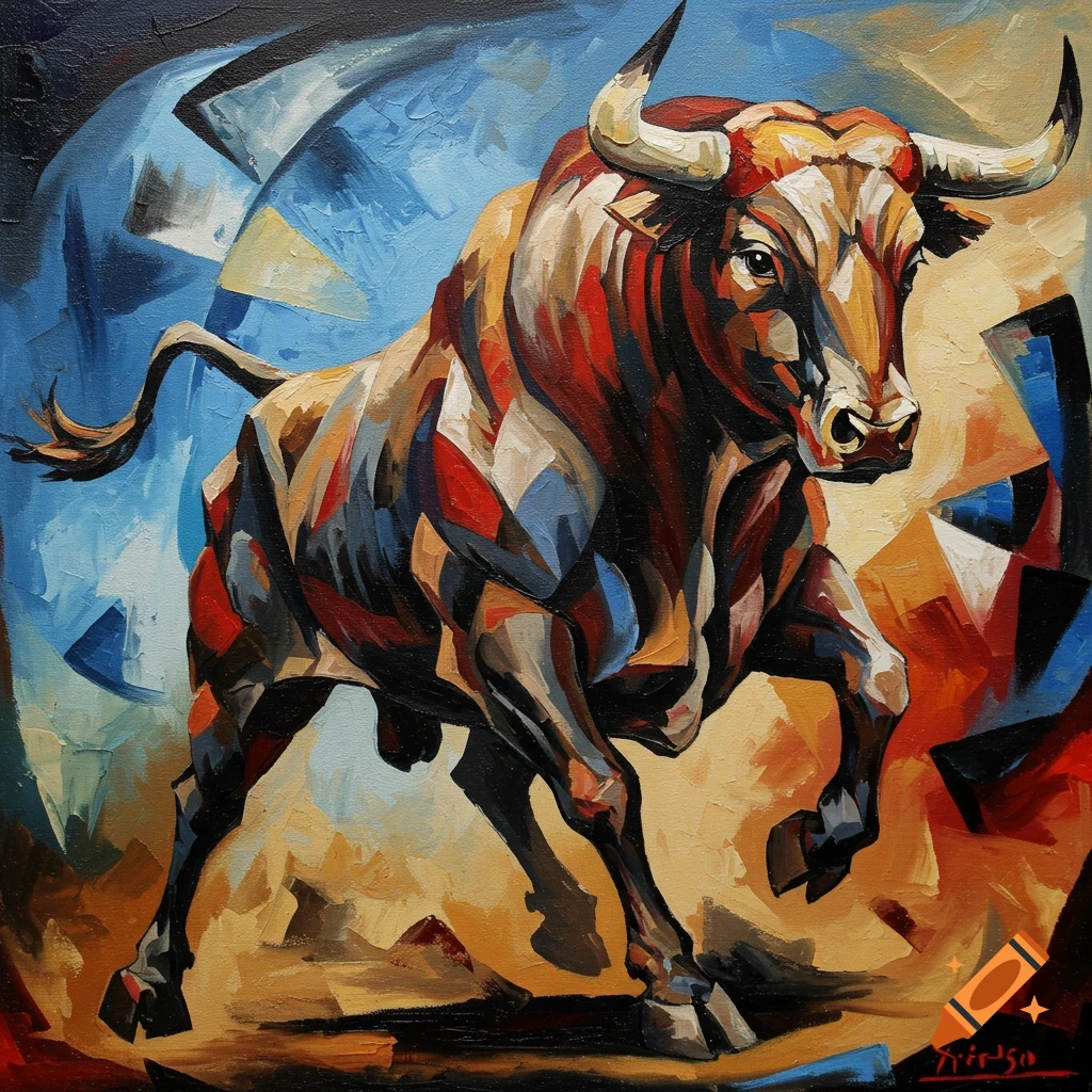 Vibrant expressive abstract oil painting of a powerful bull composed of blue, red, brown, and yellow geometric shapes.