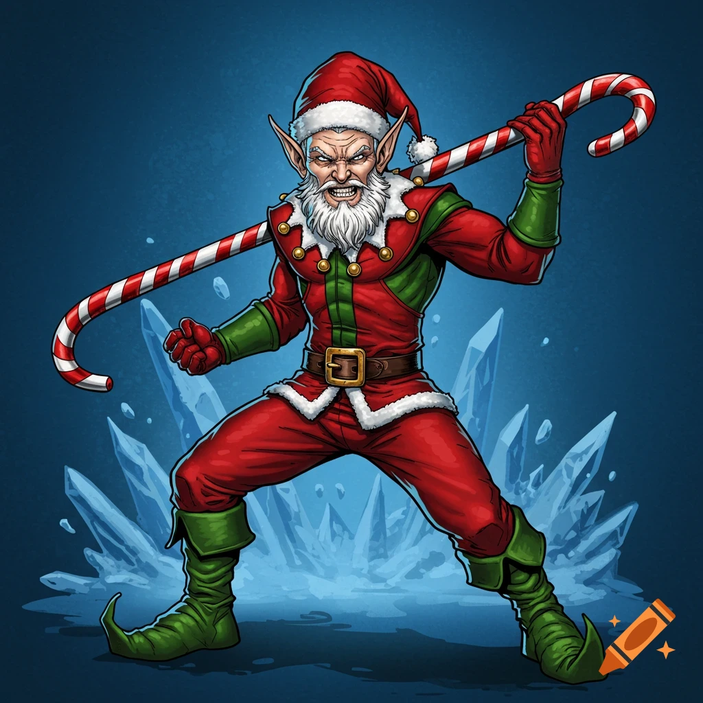 A combative Santa Claus elf in a red and green suit wields a giant candy cane against a blue background, in comic art style.