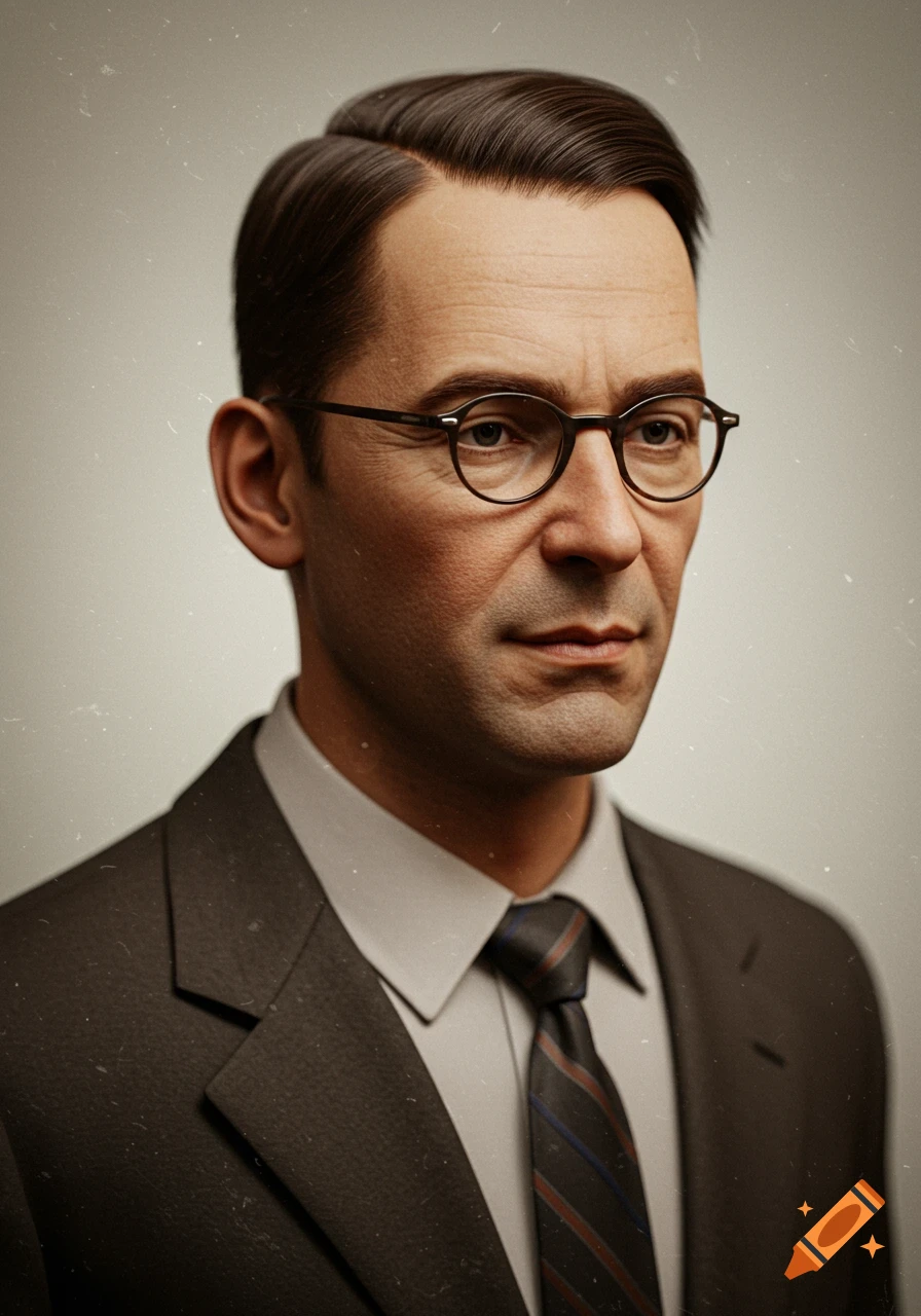 A realistic portrait of a man in a suit and glasses, featuring a film grain effect.