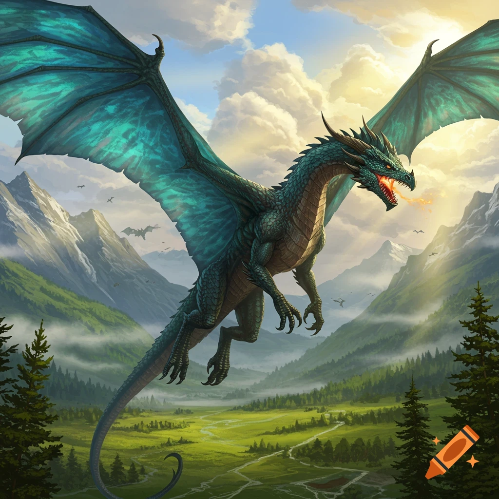 A majestic blue-green dragon with large wings flies over a verdant mountain valley, breathing fire, under a dramatic cloudy sky.