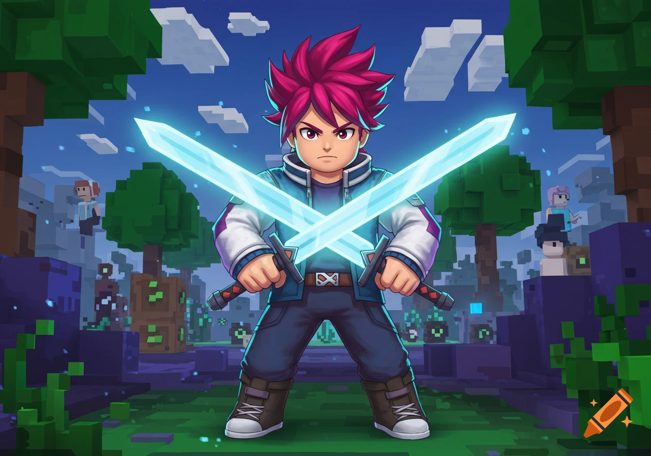 Anime-style boy with pink spiky hair holds two glowing blue swords crossed, standing in a blocky, pixelated fantasy world.