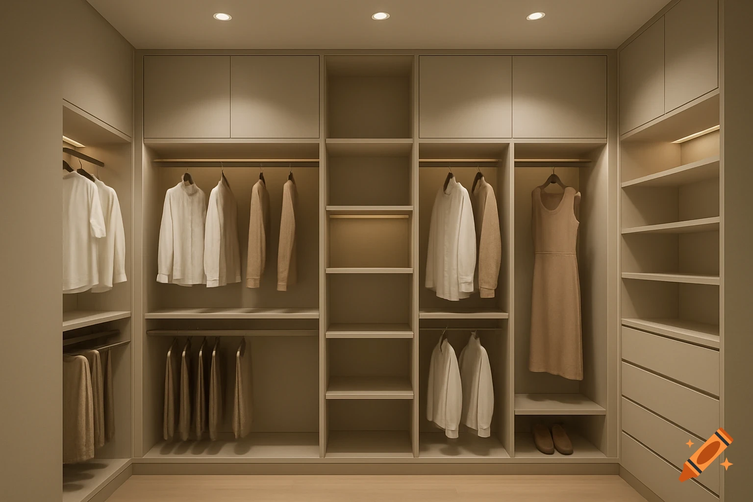 A modern, well-lit walk-in closet featuring beige shelves, hanging neutral-colored clothing, and recessed lighting.