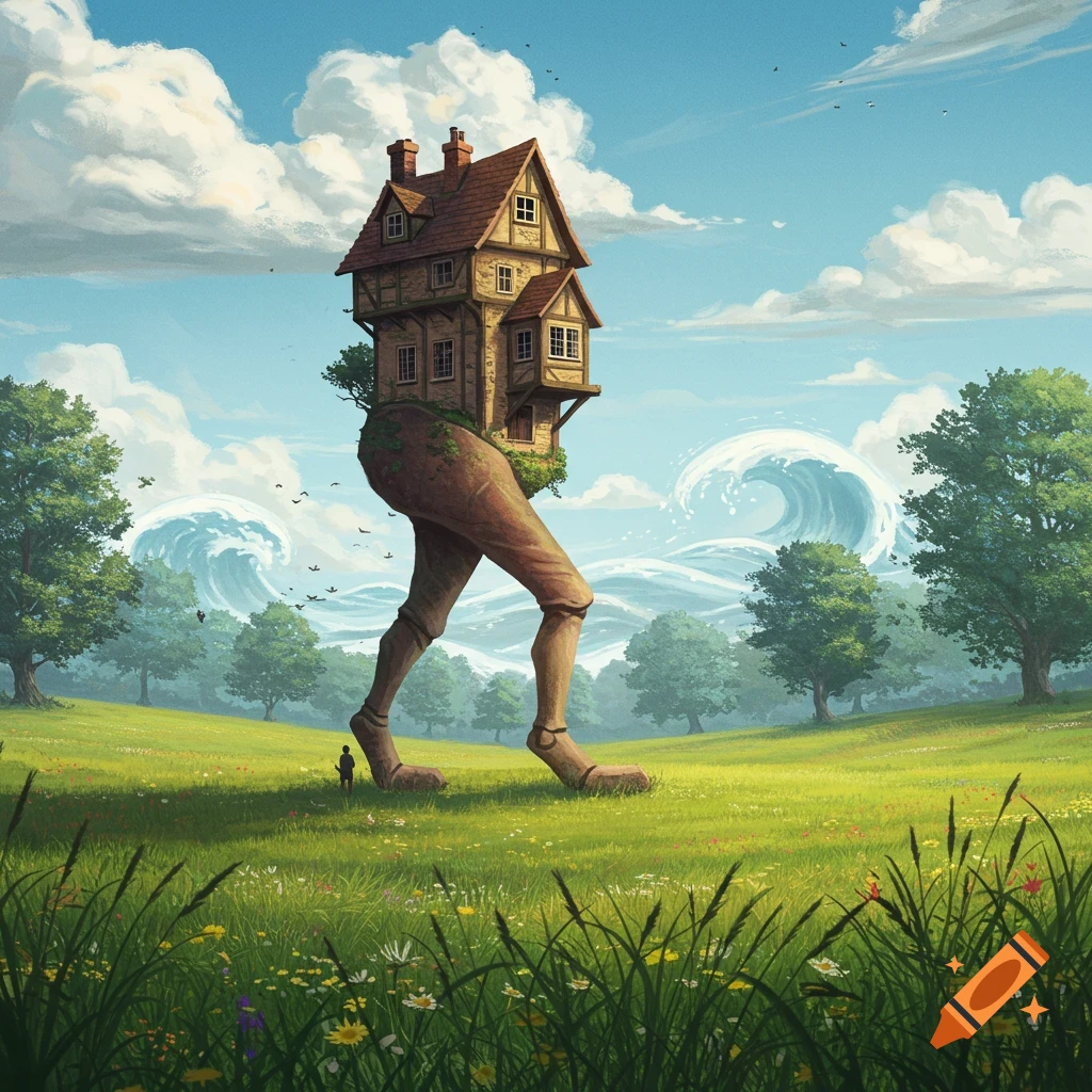 A whimsical, old house on large human legs walks through a green meadow with trees and big waves in the distance, in a surreal, painterly style.