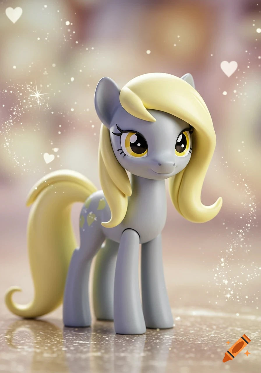A grey My Little Pony toy with yellow mane and tail, standing on a sparkling surface with hearts and stars in the background.