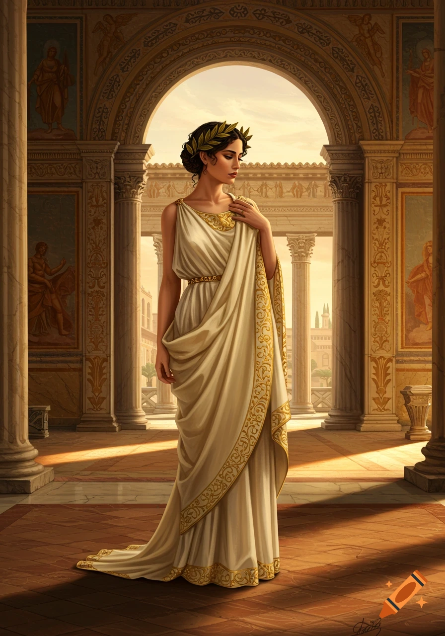 A regal Roman woman in a white and gold toga and laurel wreath stands in a sunlit classical hall.