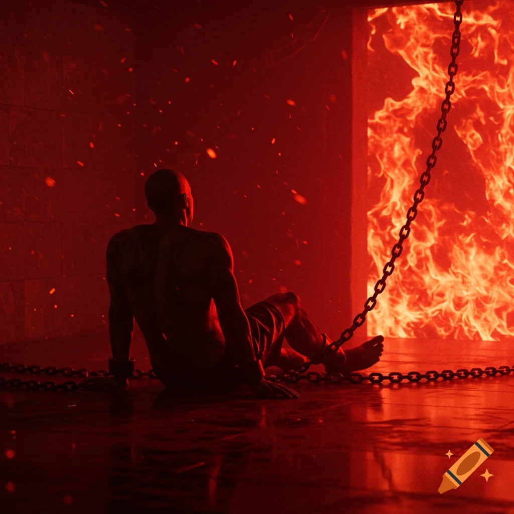 A man, chained, sits on a floor reflecting red light, looking towards a blazing wall of fire in a hyper-realistic, tense scene.