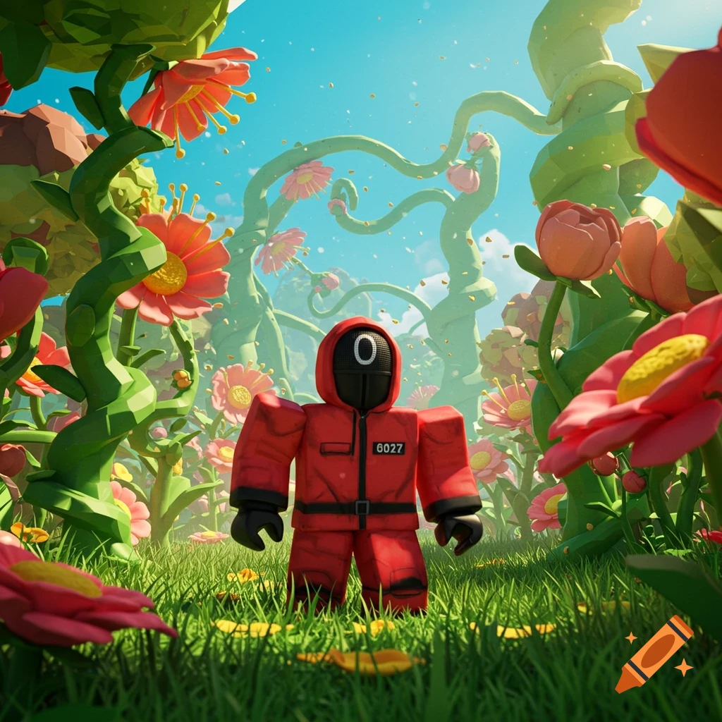 Roblox-style Squid Game guard in a red suit and mask stands in a vibrant fantasy garden with large colorful flowers.