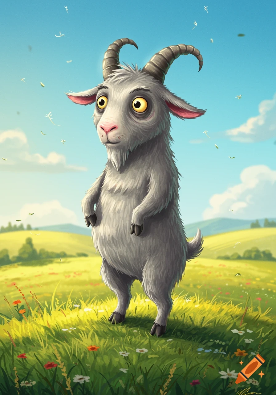 A whimsical, cartoon gray goat stands upright in a sunny green field filled with colorful wildflowers under a blue sky.