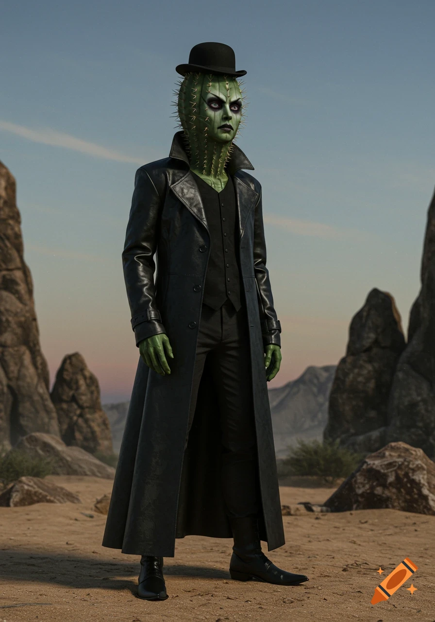 A person with a realistic green cactus head and hands, dressed in a black leather trench coat, bowler hat, and pointy boots, stands in a desert.