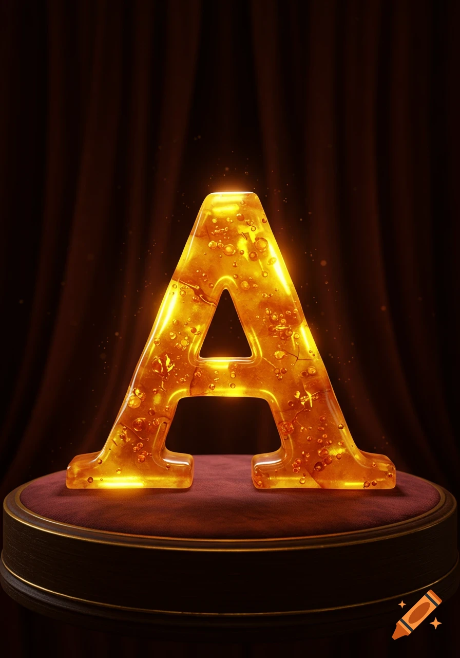 A glowing, amber letter 'A' with bubbles and cracks on a red velvet pedestal.