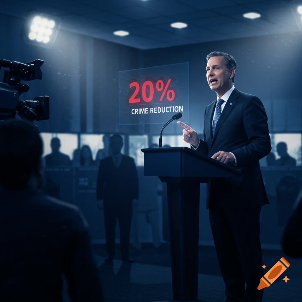 A photorealistic image of a politician speaking at a podium during a press conference, with a holographic screen displaying '20% CRIME REDUCTION'.