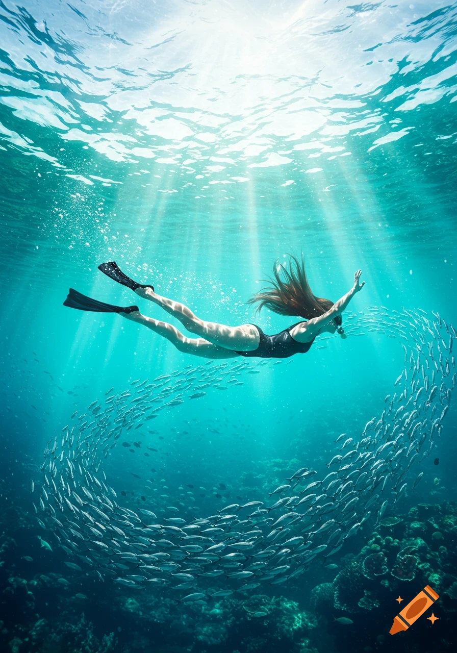 A woman in a black swimsuit and flippers freediving in clear blue ocean  water with a large school of fish forming a circle below her. Sunbeams  pierce the water from above. on, image size:896x1280