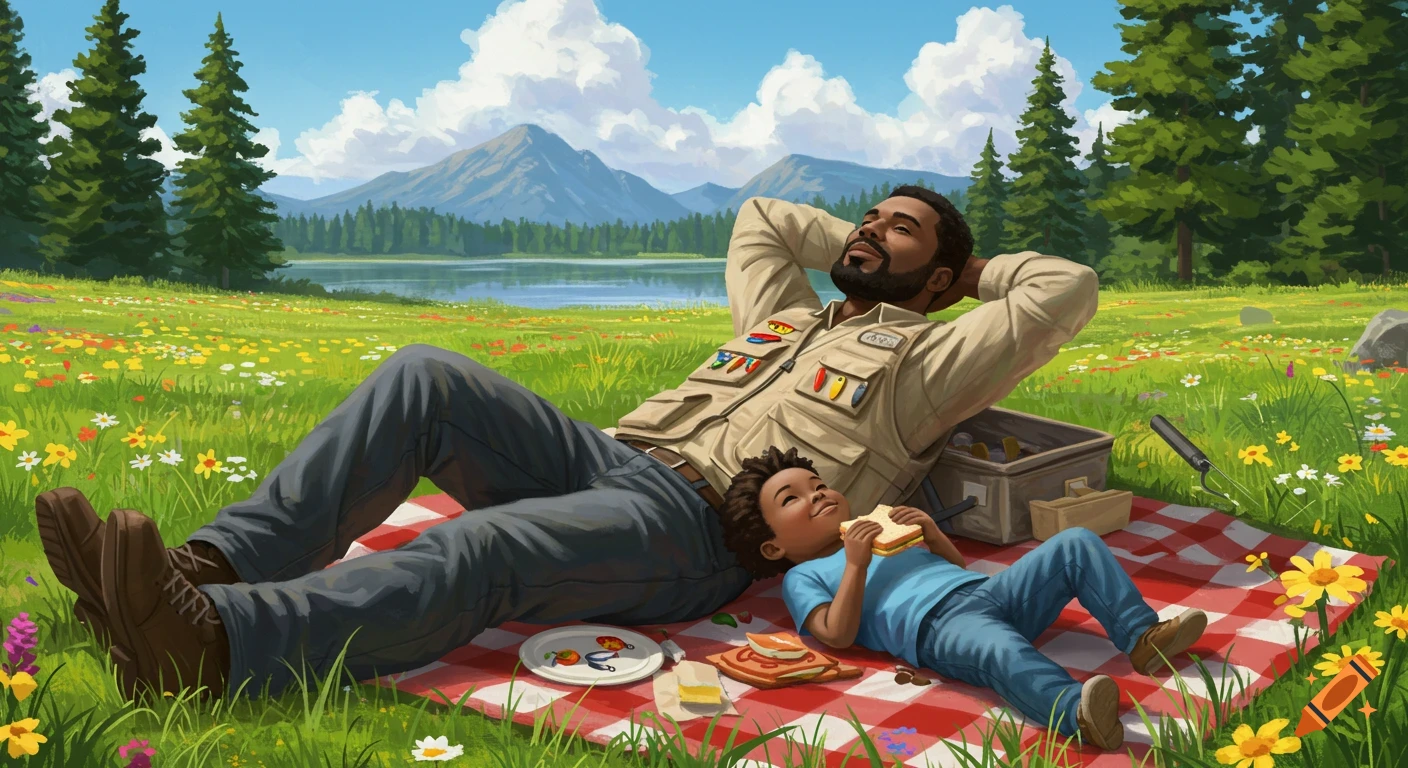 Illustration of a Black man and boy relaxing on a picnic blanket in a sunny, flower-filled meadow by a lake and mountains.