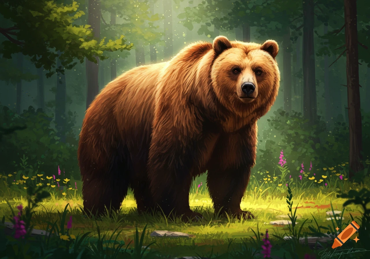 A majestic brown bear stands in a sun-dappled green forest with wildflowers, rendered in a digital painting style.
