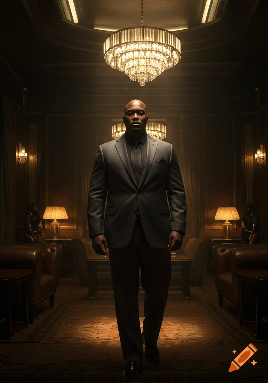 A confident man in a dark suit walks through a dimly lit, luxurious room under a sparkling chandelier.
