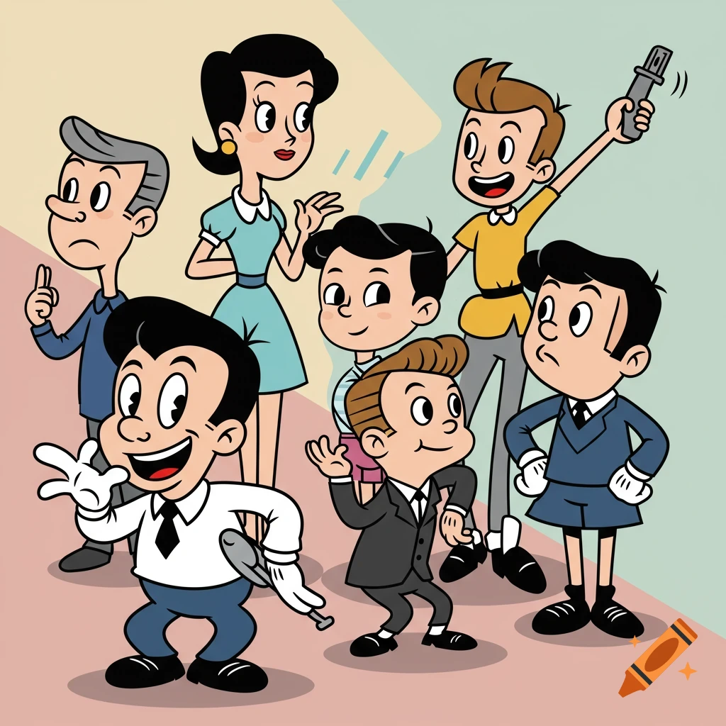 Seven 1950s-style cartoon characters, including men, a woman, and boys, in various poses on a multi-colored background.